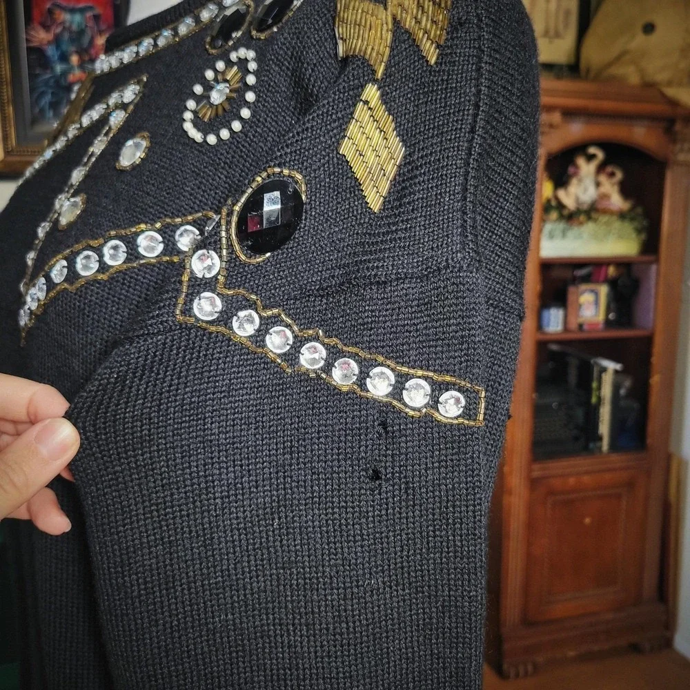 Cervelle Wool Sweater Vintage 80s Beaded Embellished Black Knit Top Large‎ 6470C